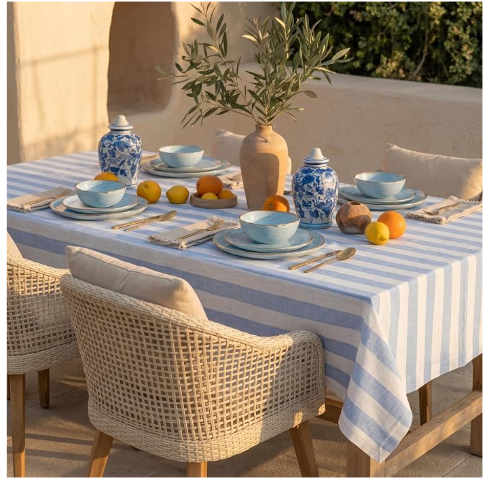 Cabana Stripe Linen Tablecloth, 60x108" Sky Blue