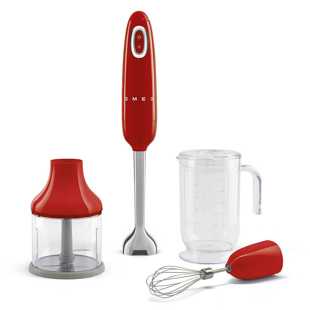 Front view of red SMEG hand blender with stainless-steel shaft, whisk, chopper bowl, and beaker