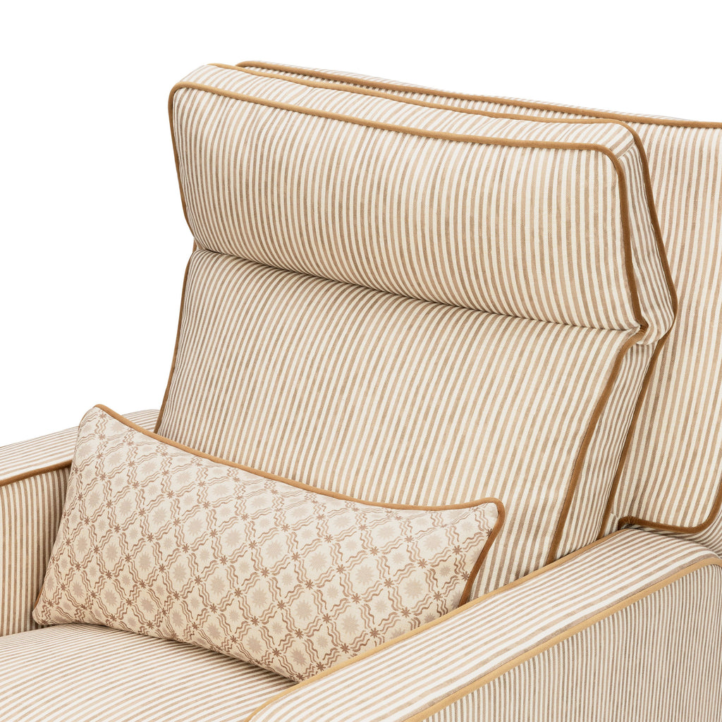 Close view of Sigi Pro Power Recliner and Swivel Glider showcasing bronze stripe upholstery and accent pillow on white background