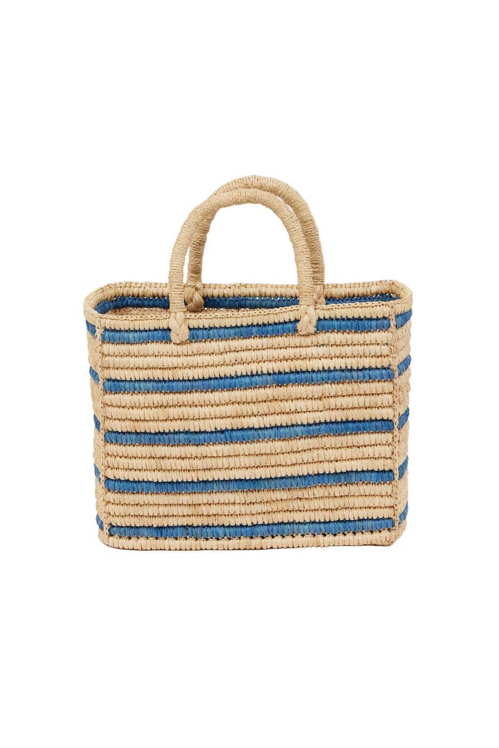 light tan straw bag with blue stripes