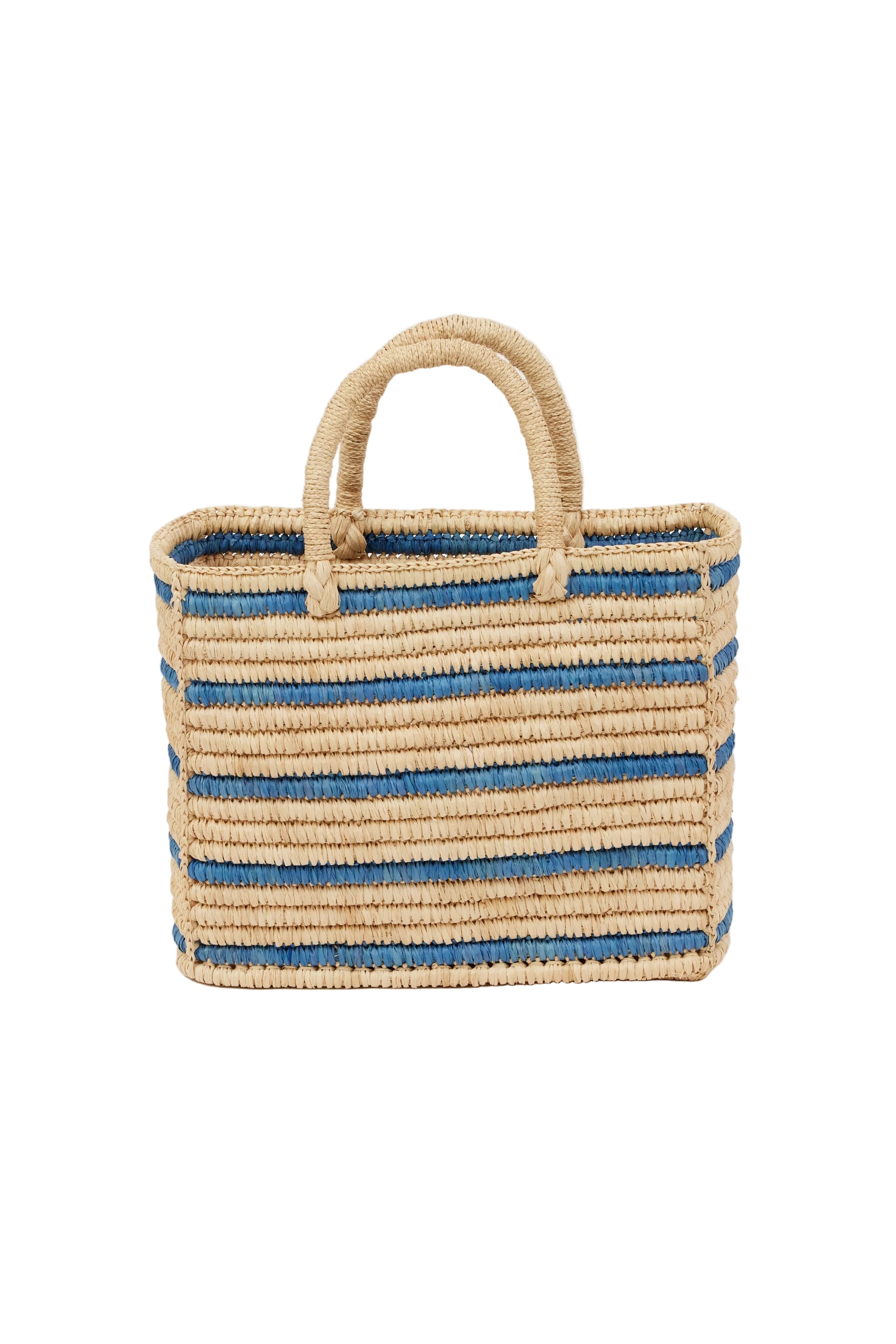 light tan straw bag with blue stripes