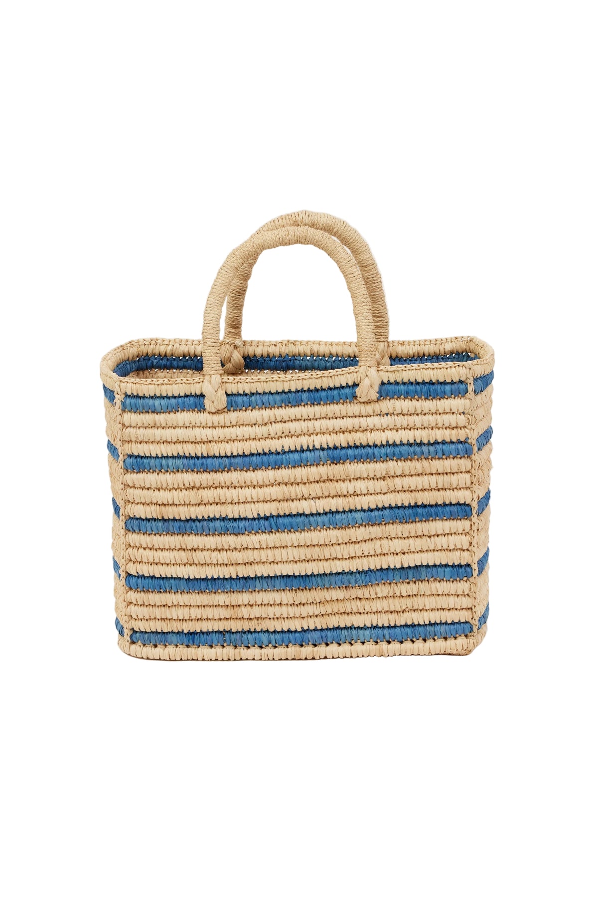 light tan straw bag with blue stripes