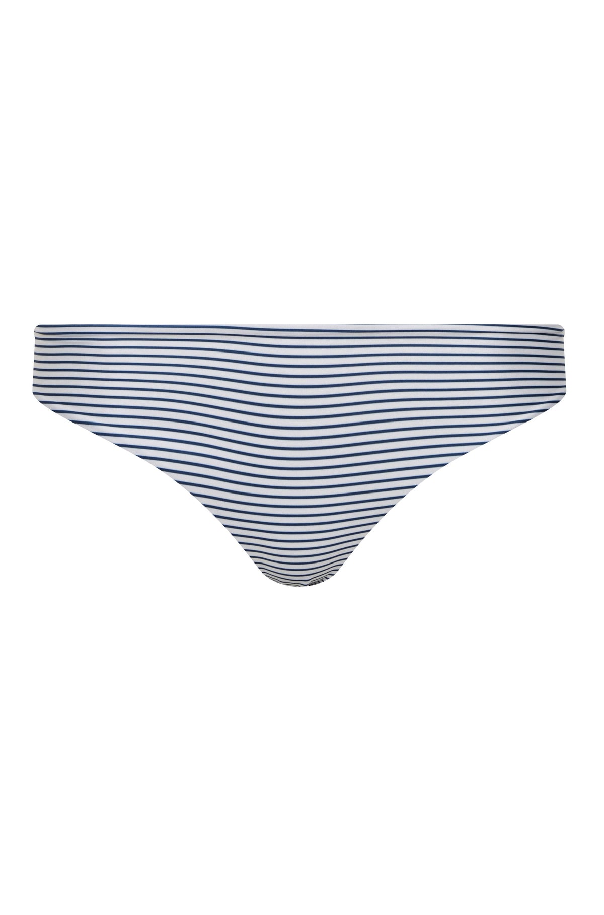 Front view of Sunset Waves Bottom in Navy Stripes and Ivory showcasing its low-rise silhouette and navy stripes with a white background