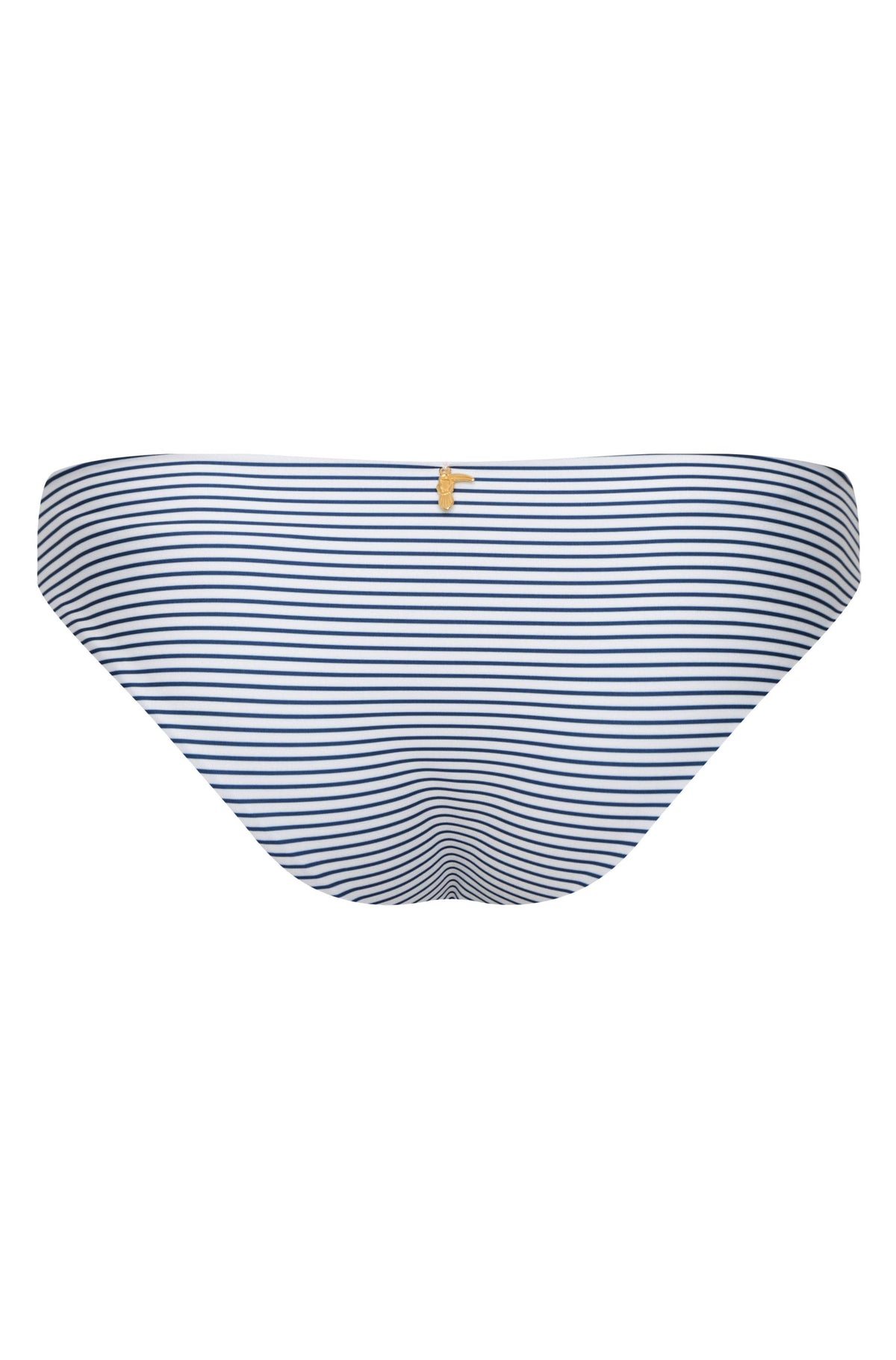 Flat lay of Sunset Waves Bottom in Navy Stripes and Ivory showcasing low rise silhouette and gold charm against white