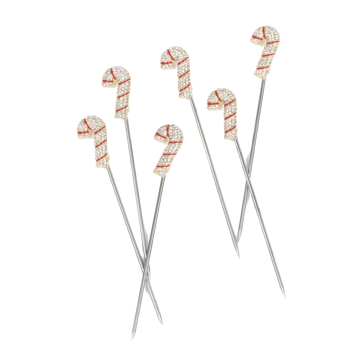 Close-up of six Candy Cane Cocktail Picks showcasing jeweled red-striped candy cane designs with a black background