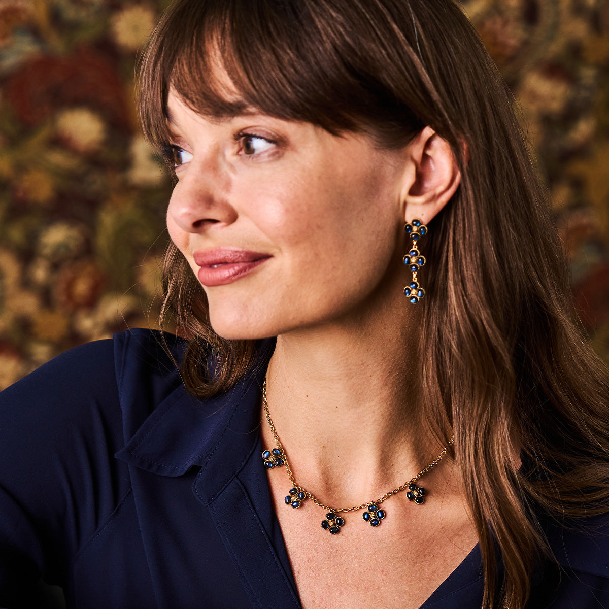 Berry Clover Linear Earrings in Blue Labradorite