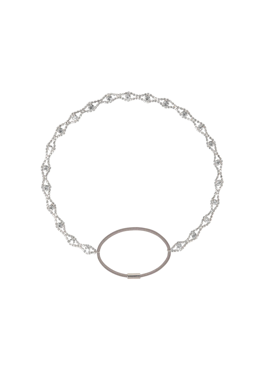 Top view of Rosita Headwrap in Crystal showcasing fine crystals and elastic wrap silhouette on a white background