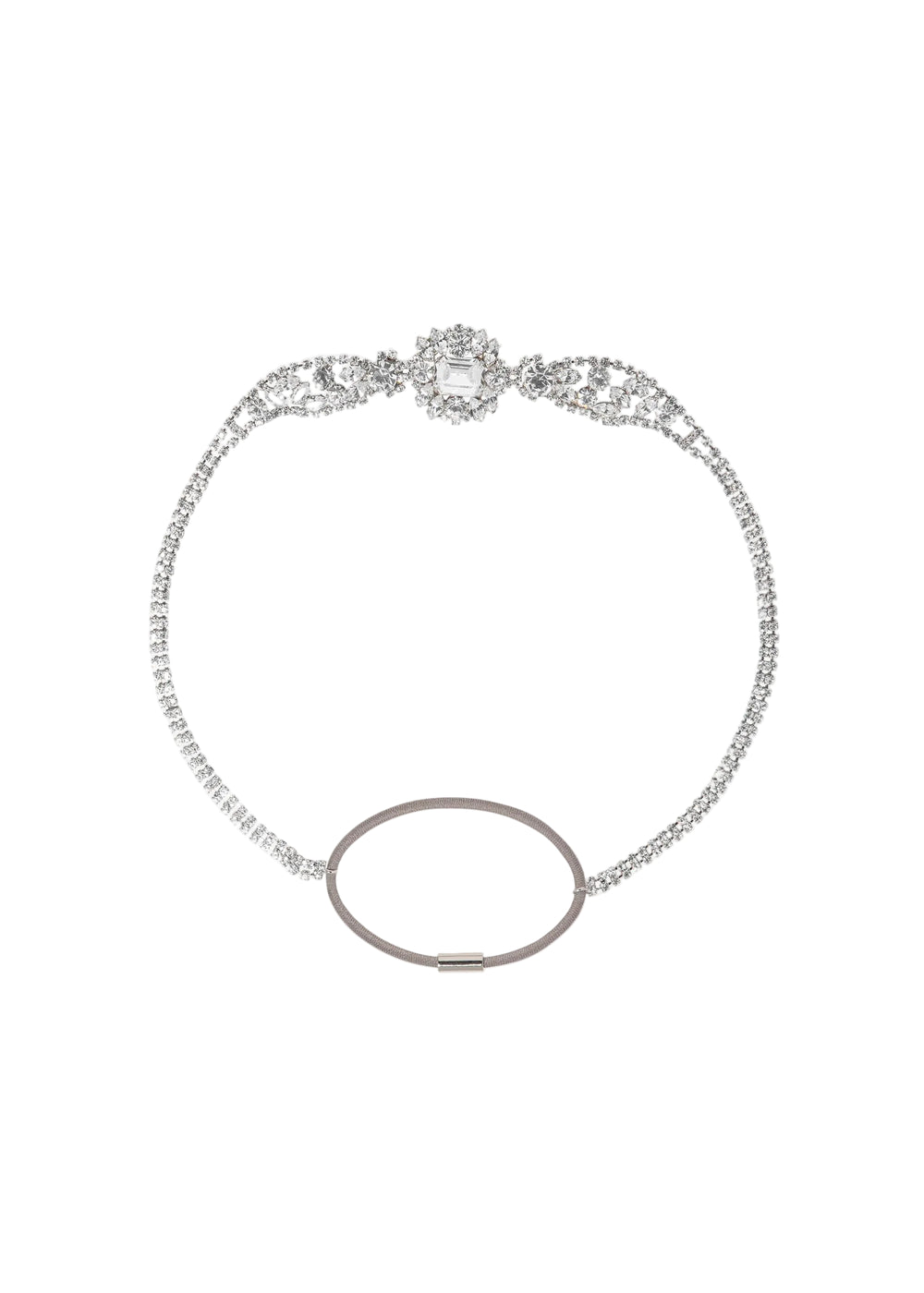 Front view of Francisca Headwrap in Crystal showcasing fine crystals and bandeau silhouette on a white background