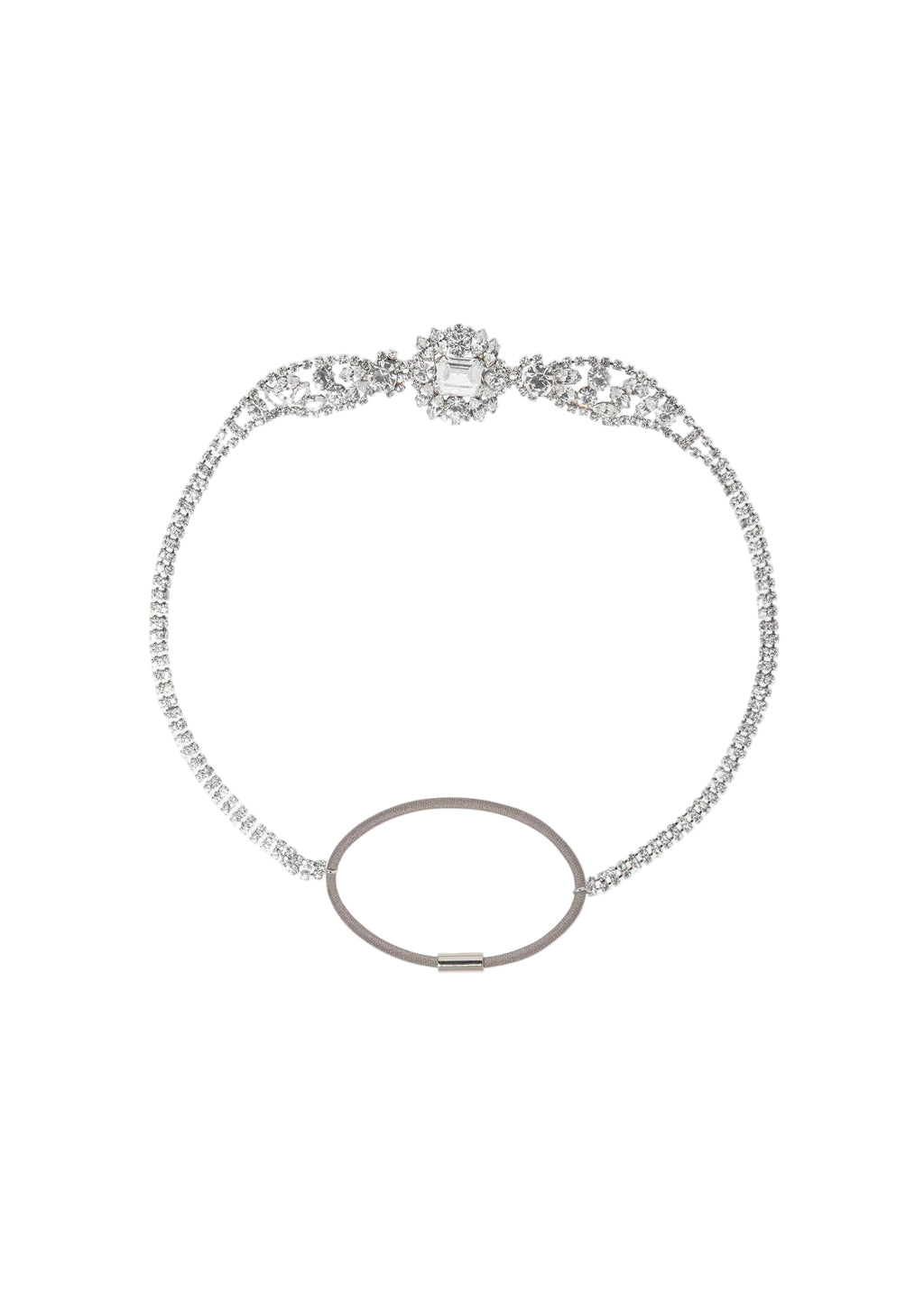 Front view of Francisca Headwrap in Crystal showcasing fine crystals and bandeau silhouette on a white background