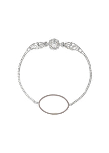 Front view of Francisca Headwrap in Crystal showcasing fine crystals and bandeau silhouette on a white background