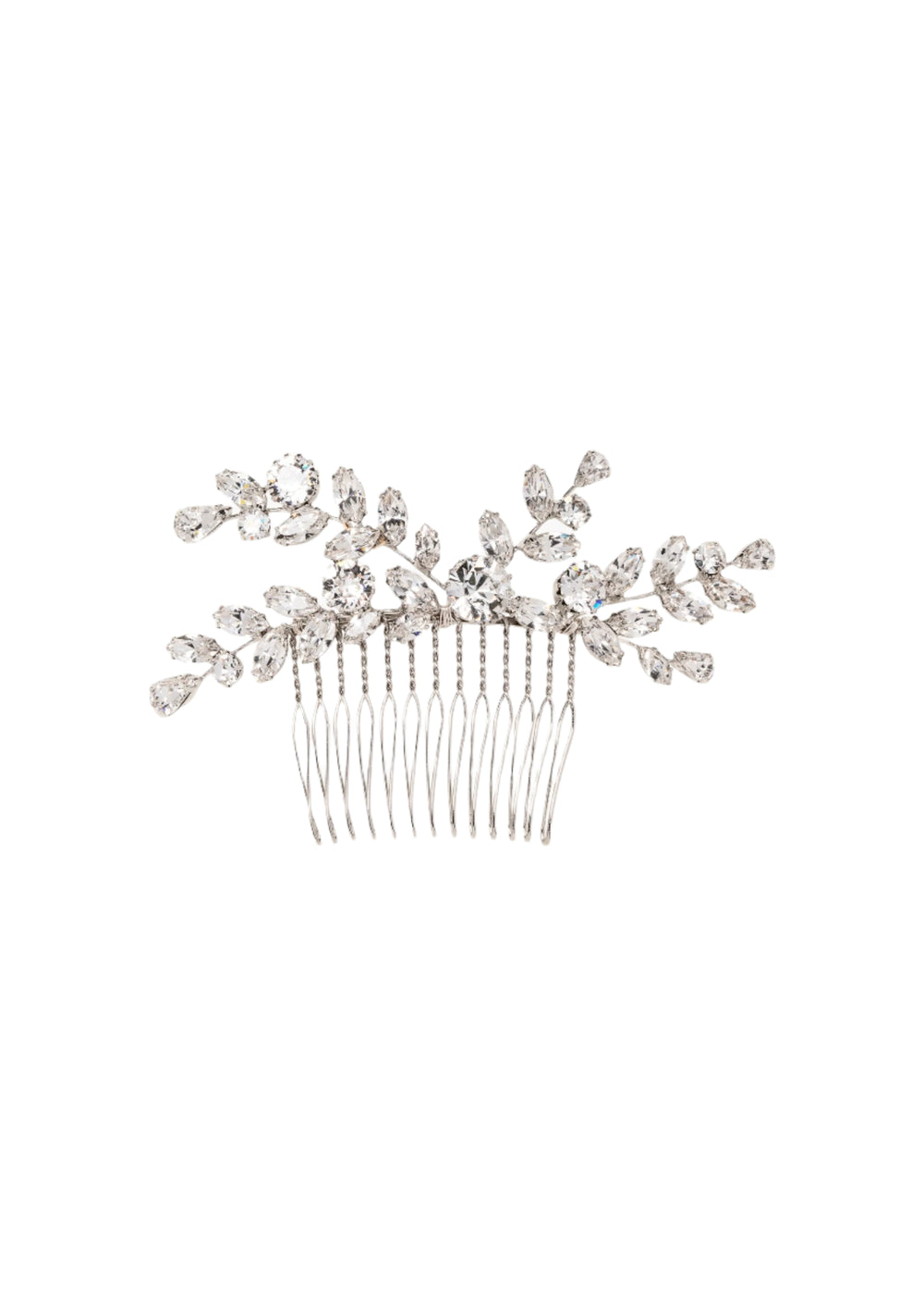 Front view of Alessa comb in crystal showcasing leaf-shaped crystal clusters and silver comb teeth on white background
