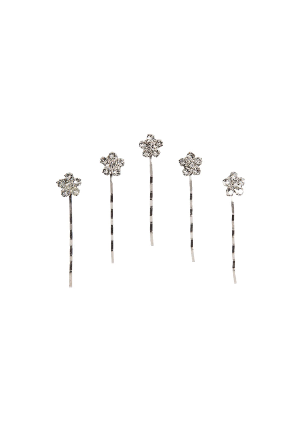 Front view of Violet bobby pin set showing five silver bobby pins topped with crystal flower motifs on a white background
