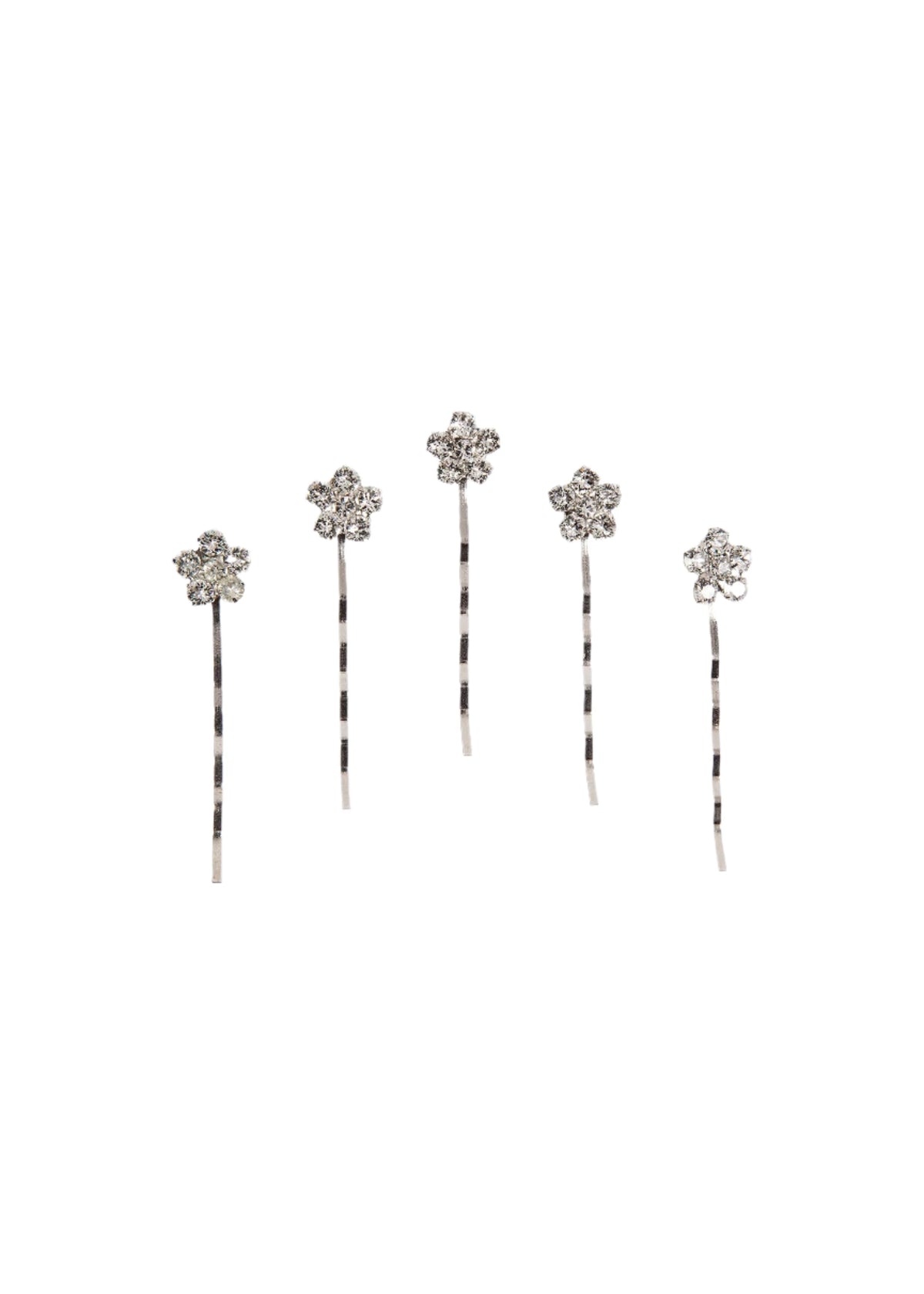 Front view of Violet bobby pin set showing five silver bobby pins topped with crystal flower motifs on a white background