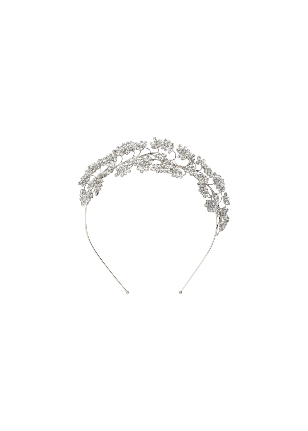 Front view of Raquel Tiara in crystal with vine inspired hand shaped wiring and Austrian crystal leaves on white background