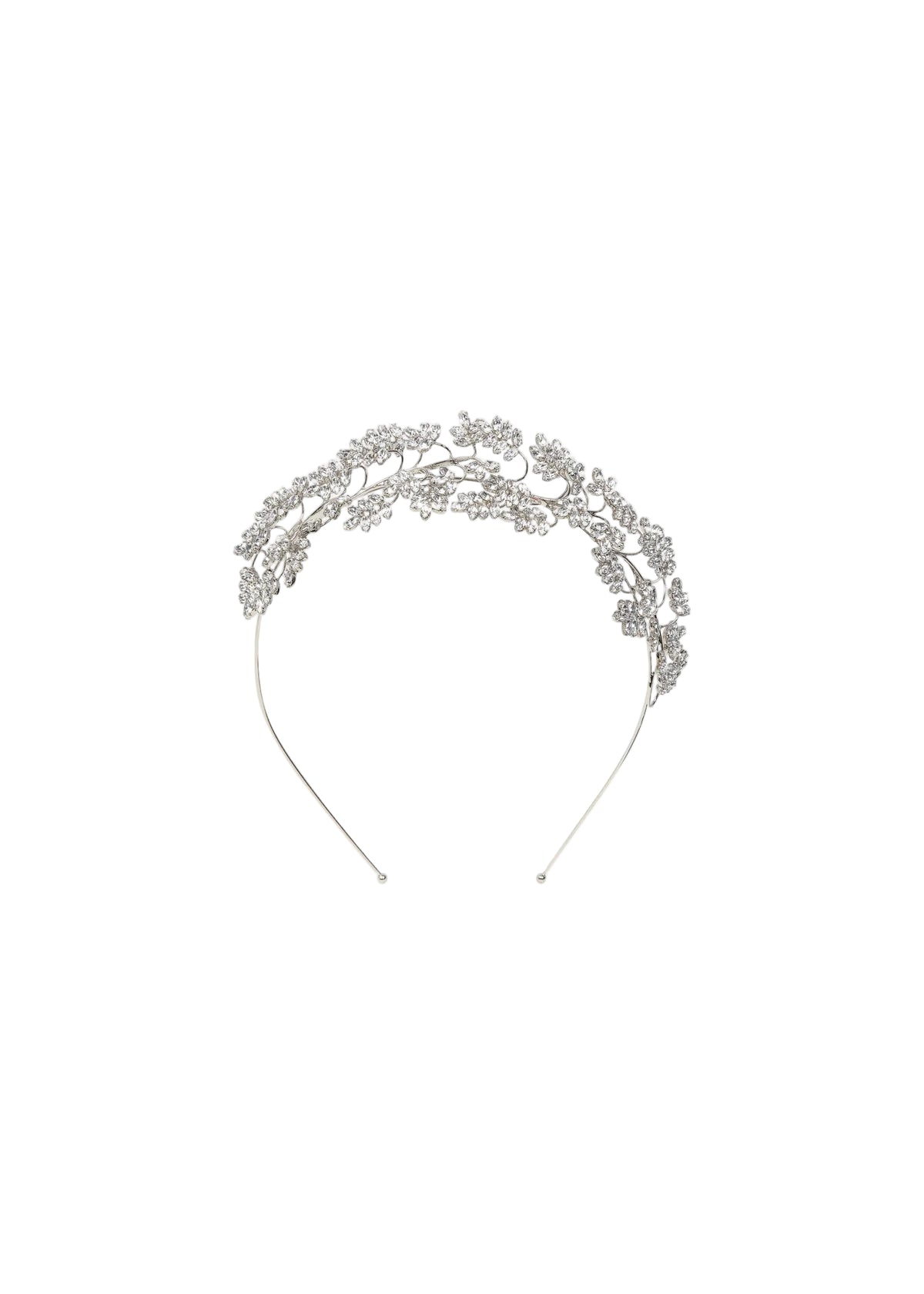 Front view of Raquel Tiara in crystal with vine inspired hand shaped wiring and Austrian crystal leaves on white background