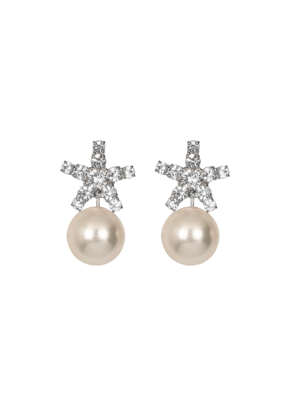 Front view of Novella earrings showcasing crystal star motif and luminous pearl drops on white background