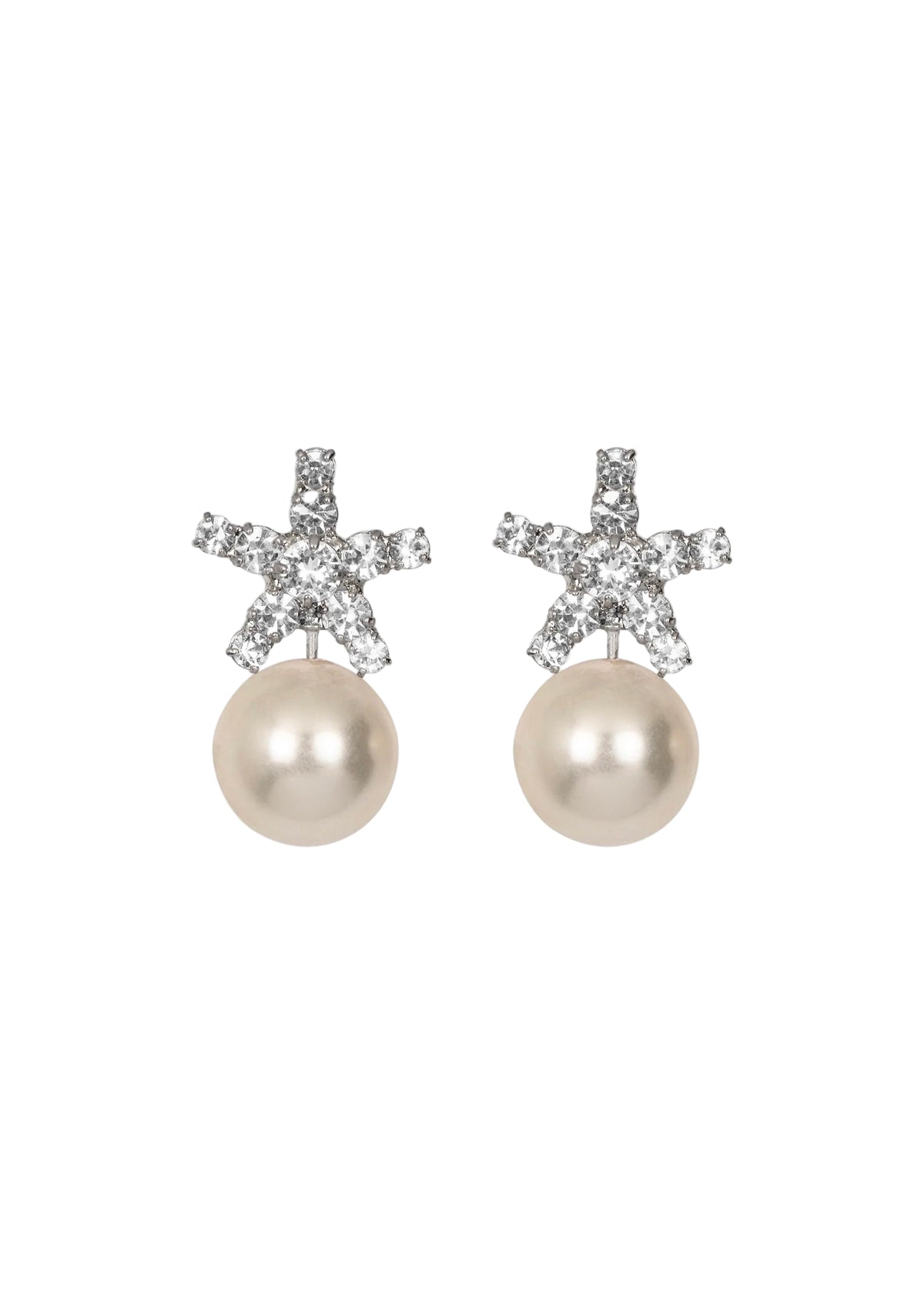 Front view of Novella earrings showcasing crystal star motif and luminous pearl drops on white background