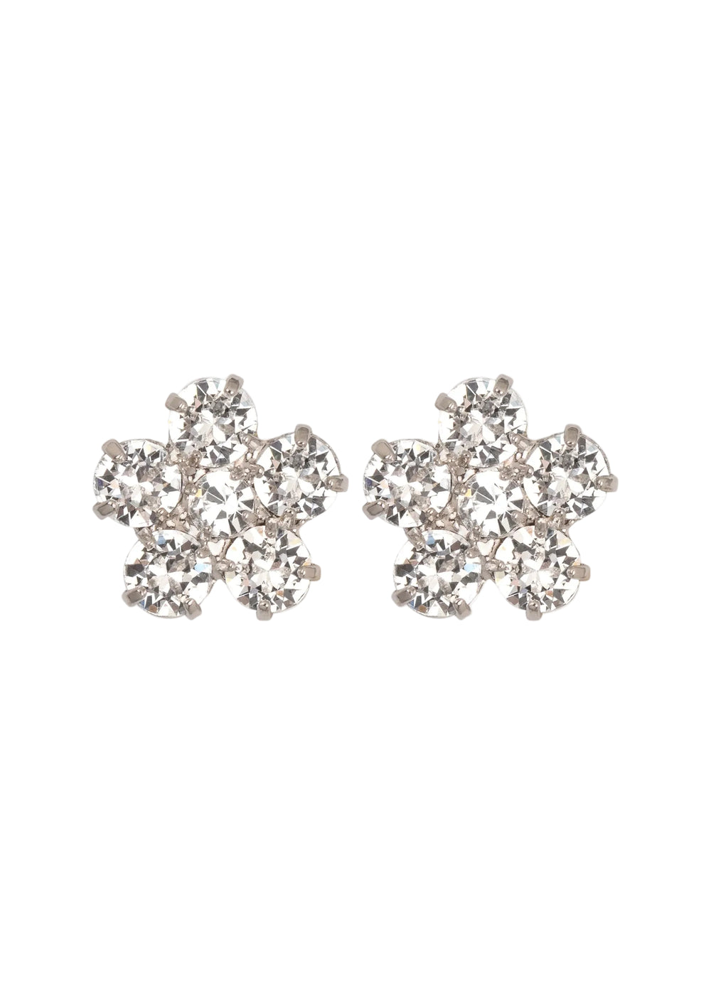 Front view of Daisy stud earrings in crystal showcasing flower-shaped cluster of Austrian crystals on white background