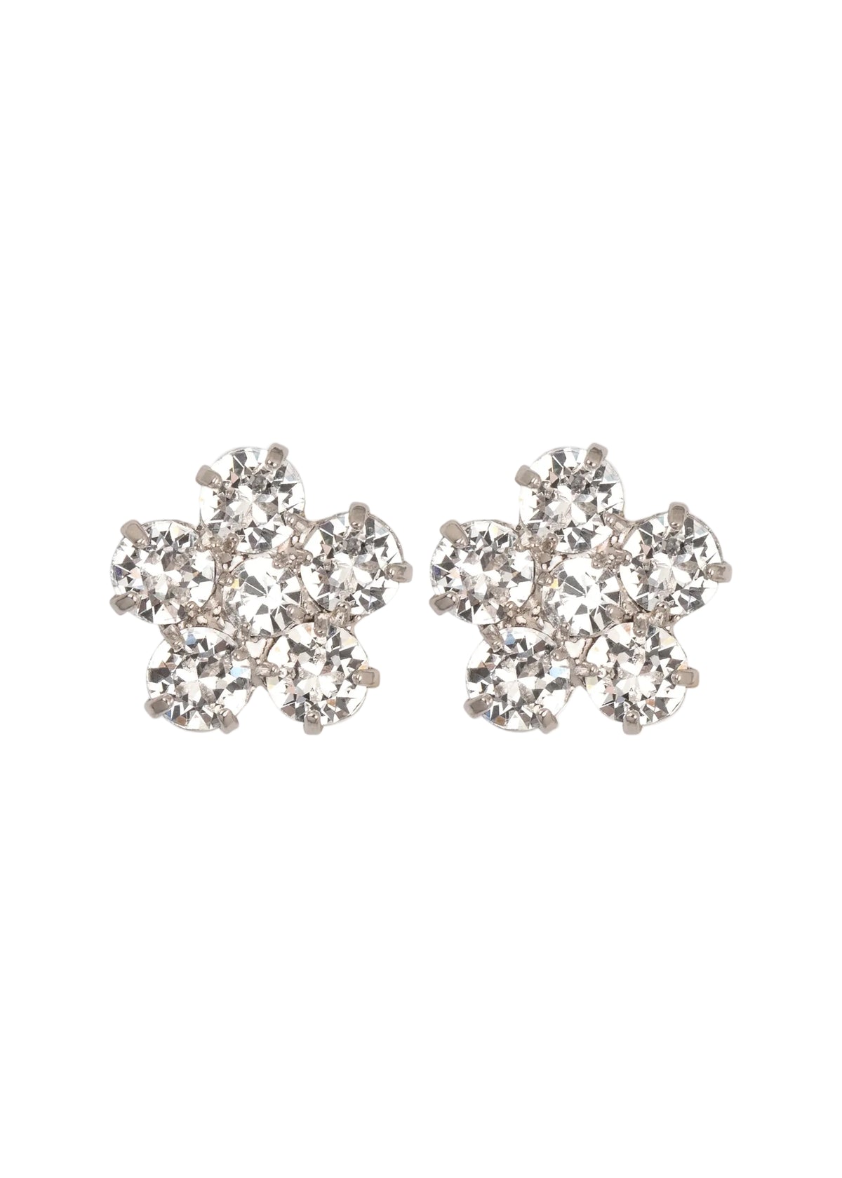 Front view of Daisy stud earrings in crystal showcasing flower-shaped cluster of Austrian crystals on white background