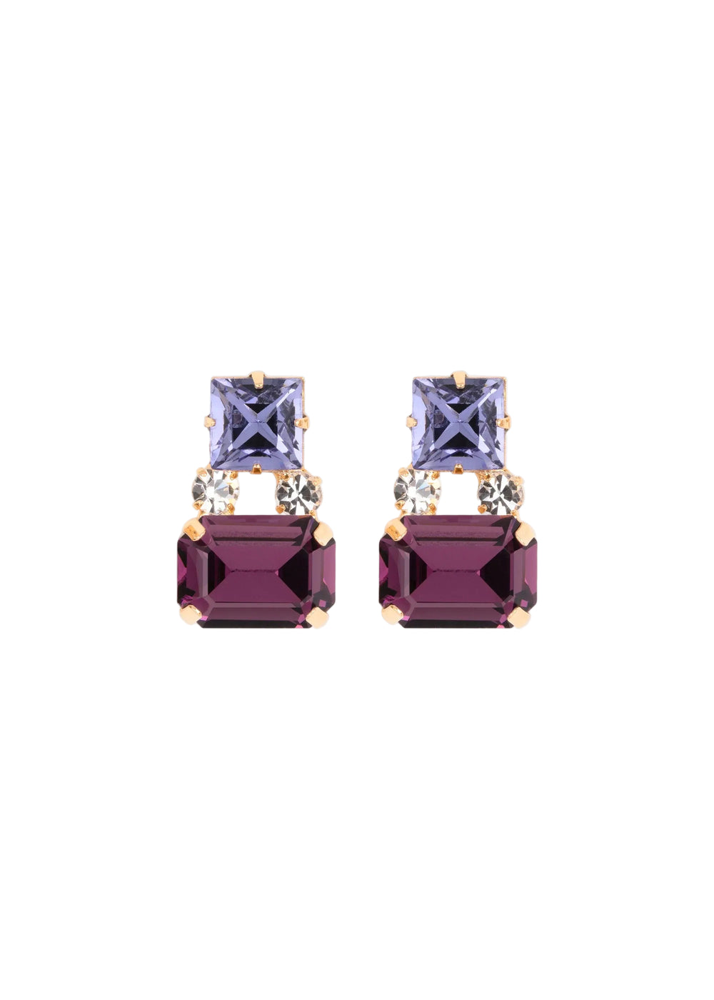 Front view of Nanette Earrings in Tanzanite showcasing princess-cut and emerald-cut Austrian crystals on a white background