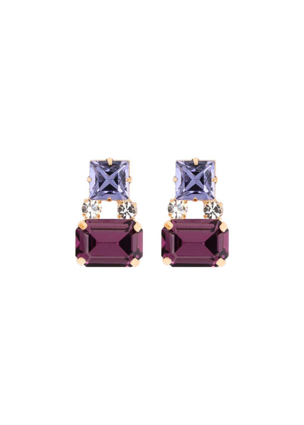 Front view of Nanette Earrings in Tanzanite showcasing princess-cut and emerald-cut Austrian crystals on a white background