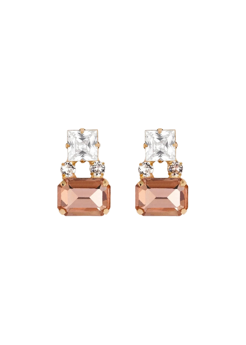 Front view of Nanette earrings in Vintage Rose showcasing princess-cut and emerald-cut Austrian crystals on a white background