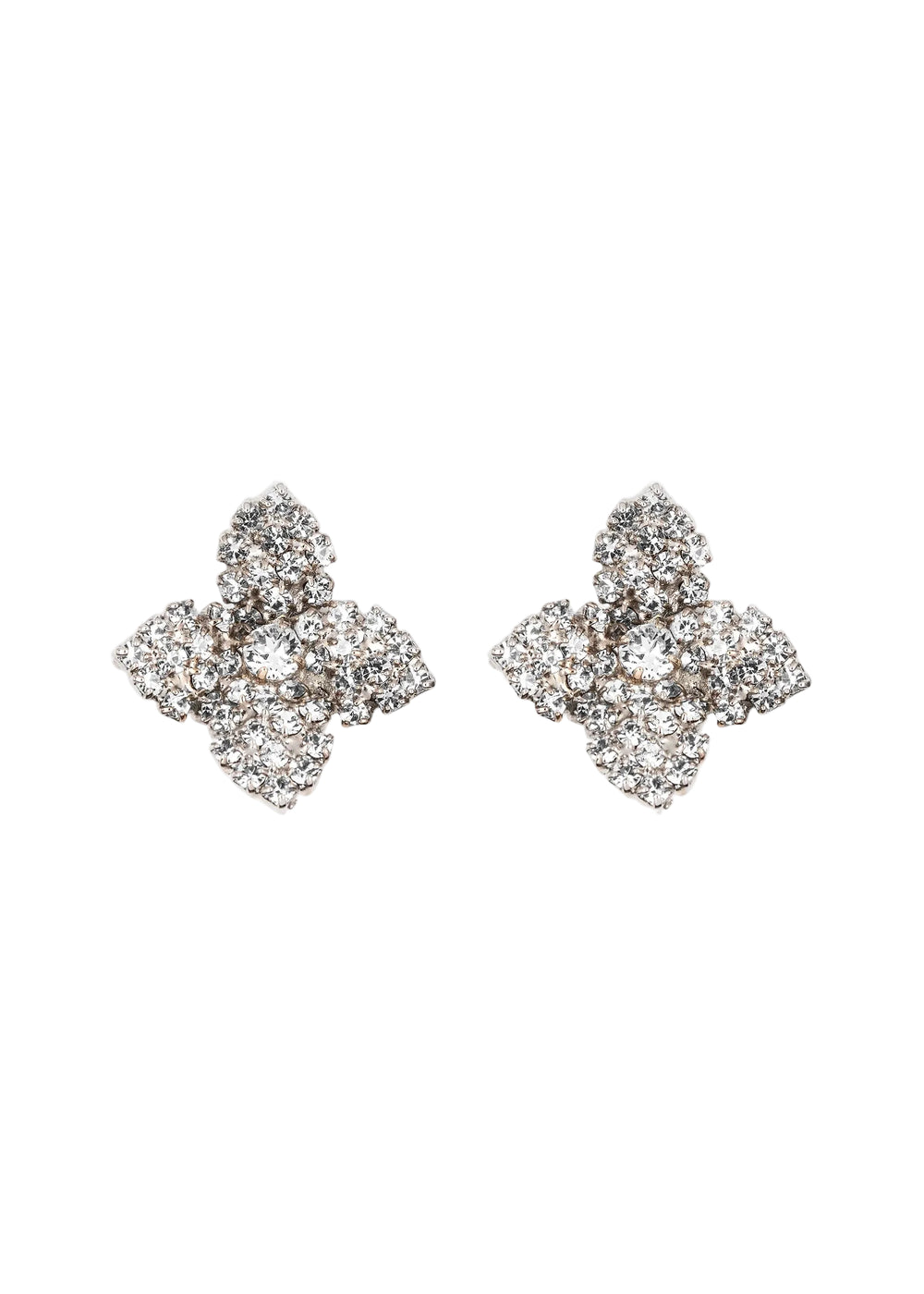 Front view of Alicia Earrings in Crystal showcasing starburst four leaf clover silhouettes with a white background