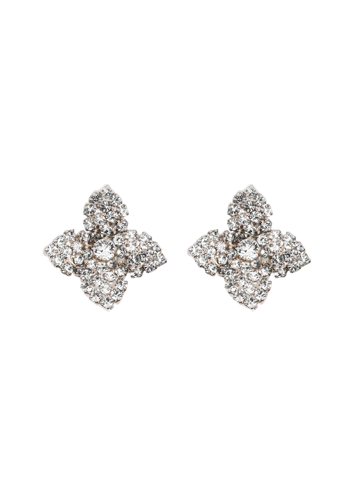Front view of Alicia Earrings in Crystal showcasing starburst four leaf clover silhouettes with a white background
