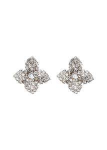 Front view of Alicia Earrings in Crystal showcasing starburst four leaf clover silhouettes with a white background