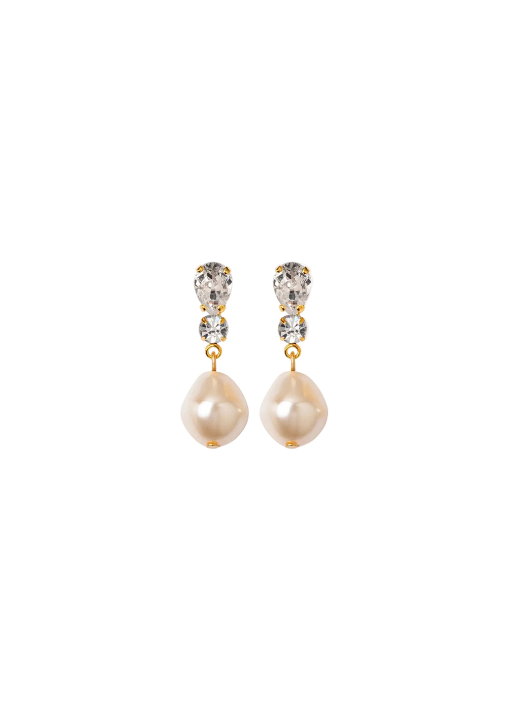 Front view of Kristina earrings showcasing pear and round Austrian crystals and baroque-style drop pearls on white background