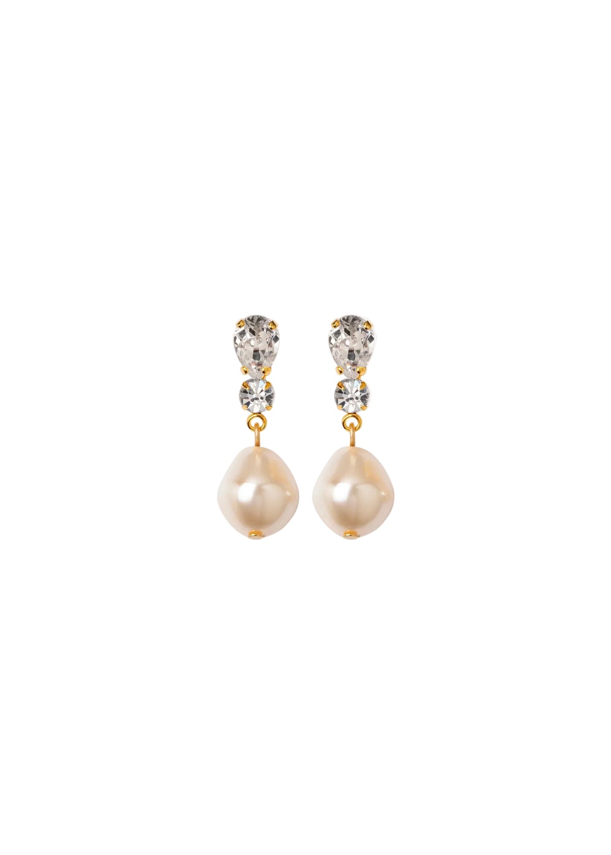 Front view of Kristina earrings showcasing pear and round Austrian crystals and baroque-style drop pearls on white background