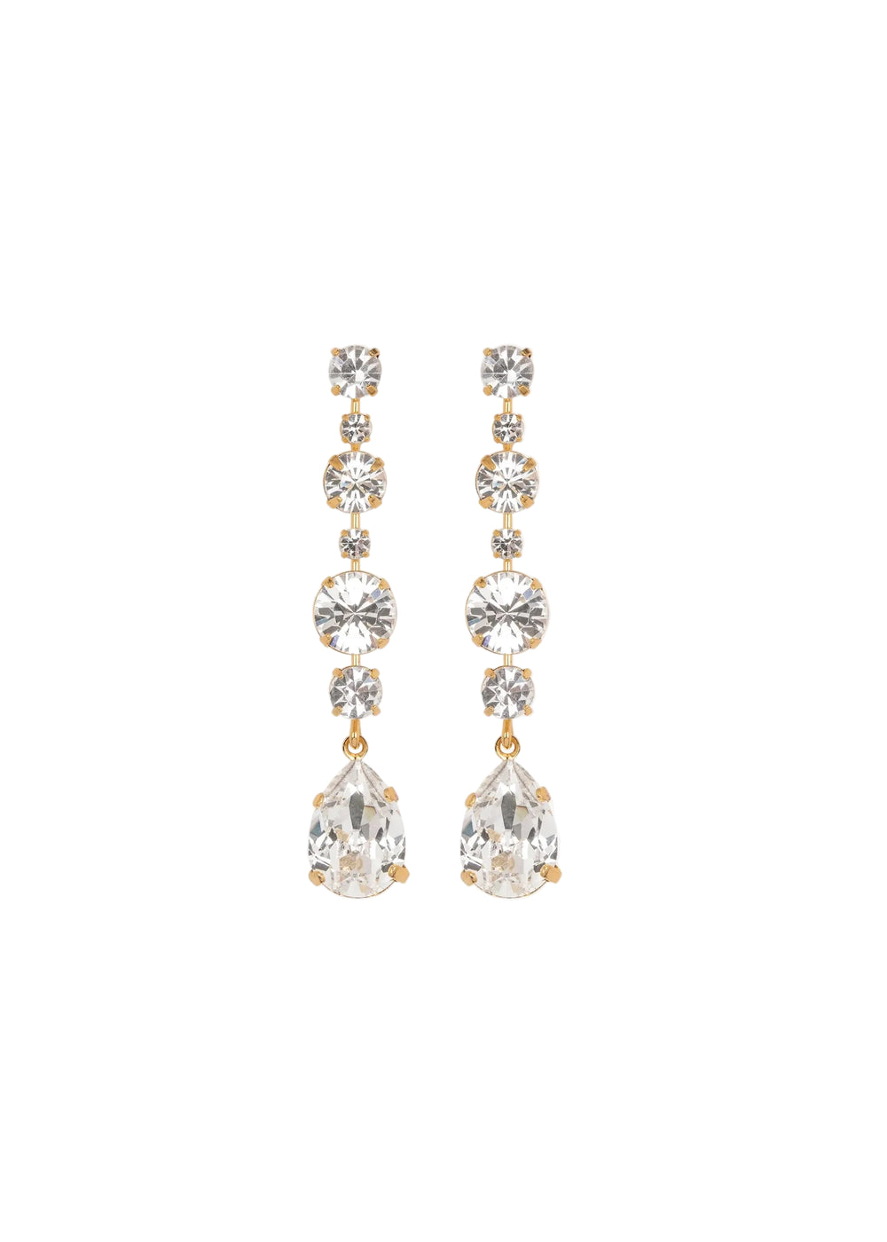 Front view of Analia drop earrings showcasing oversized clear Austrian crystals and gold-plated settings on white background