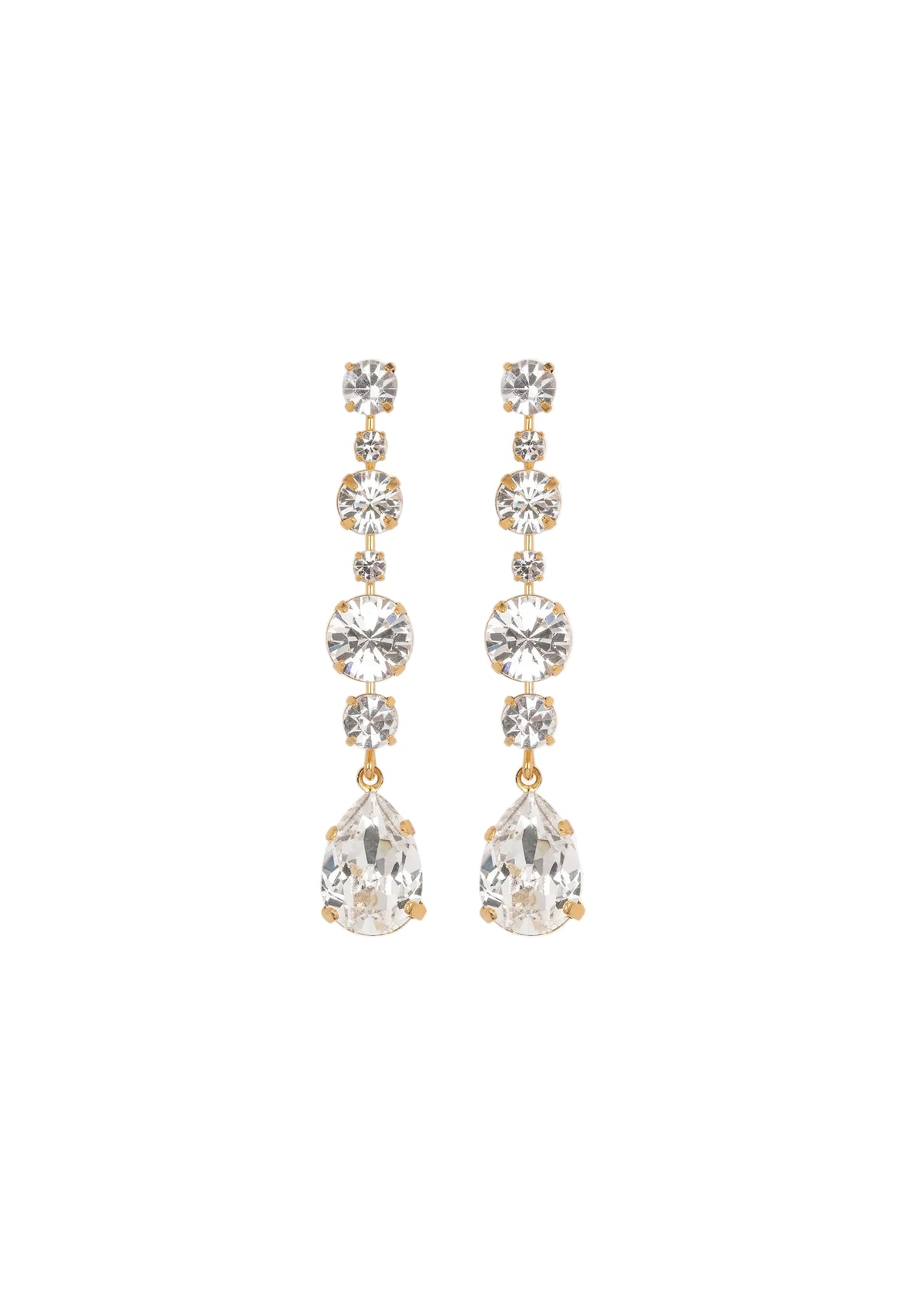 Front view of Analia drop earrings showcasing oversized clear Austrian crystals and gold-plated settings on white background