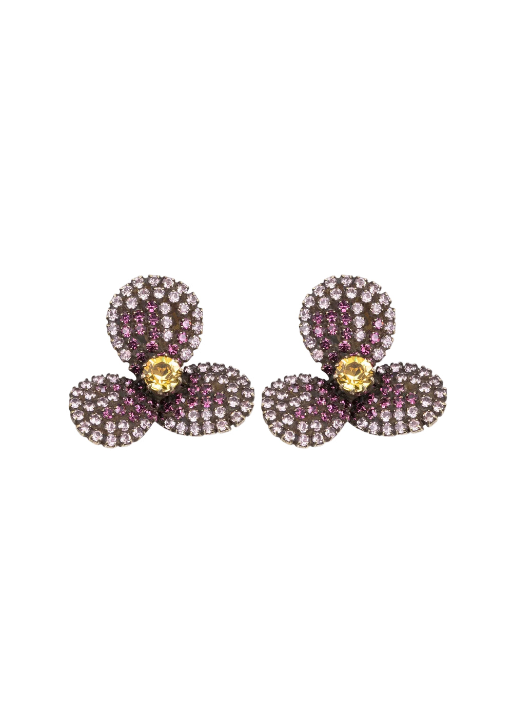 Front view of Isabelle Earrings in Amethyst showcasing layered crystal orchid designs with a white background