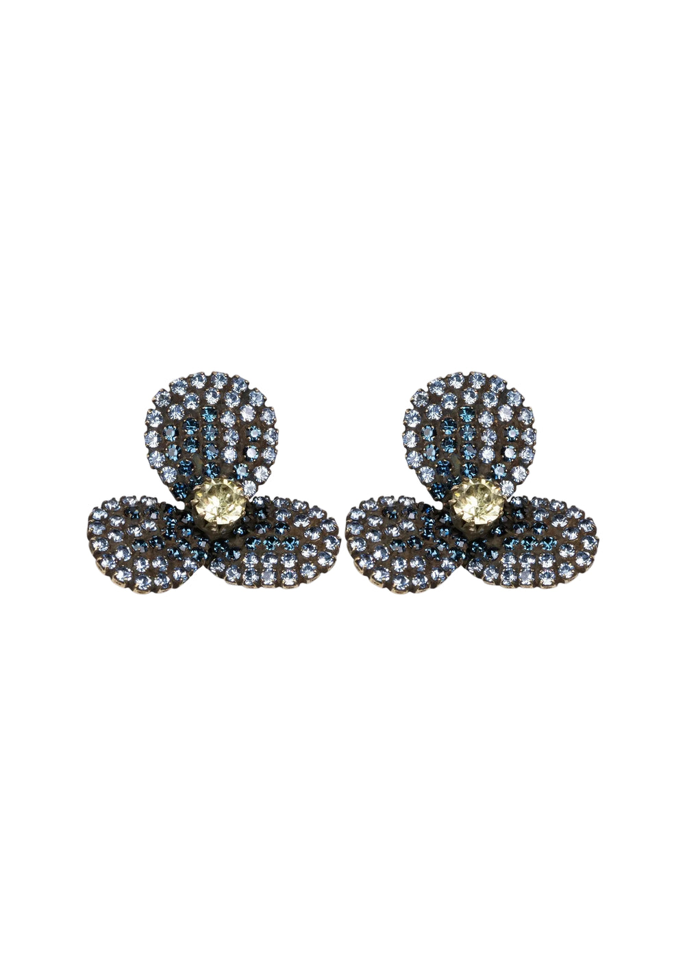 Front view of Isabelle Earrings in Sapphire showcasing layered crystal orchid design with a white background