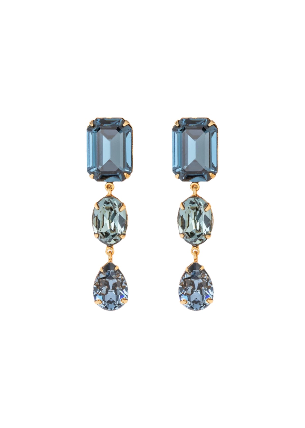 Front view of Aviva Earrings in Sapphire showcasing cascading emerald, oval, and pear-cut crystals with gold plated settings on a white background