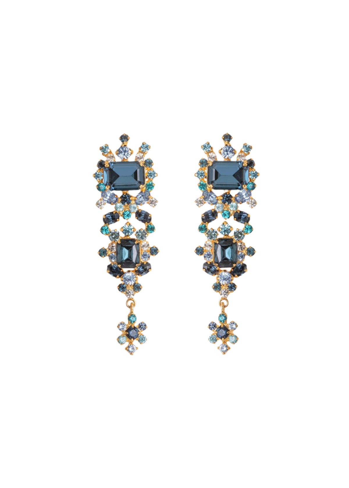 Front view of Candence Earrings in Sapphire showcasing emerald-cut stones, jagged edges, and dangling design on white background