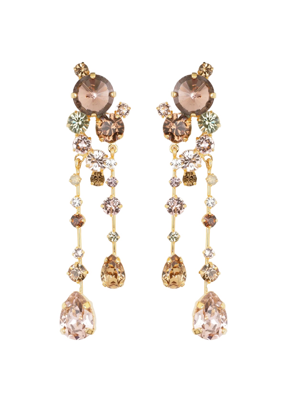 Front view of Jayleen earrings with cascading champagne crystals and teardrop stones on white background