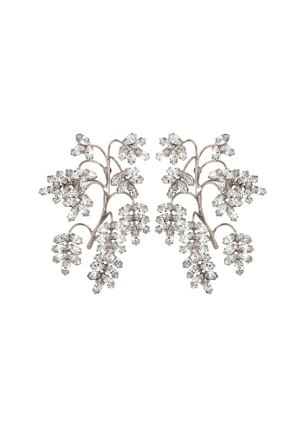 Front view of Raquel earrings in crystal showcasing sculptural vine design and clustered Austrian crystals