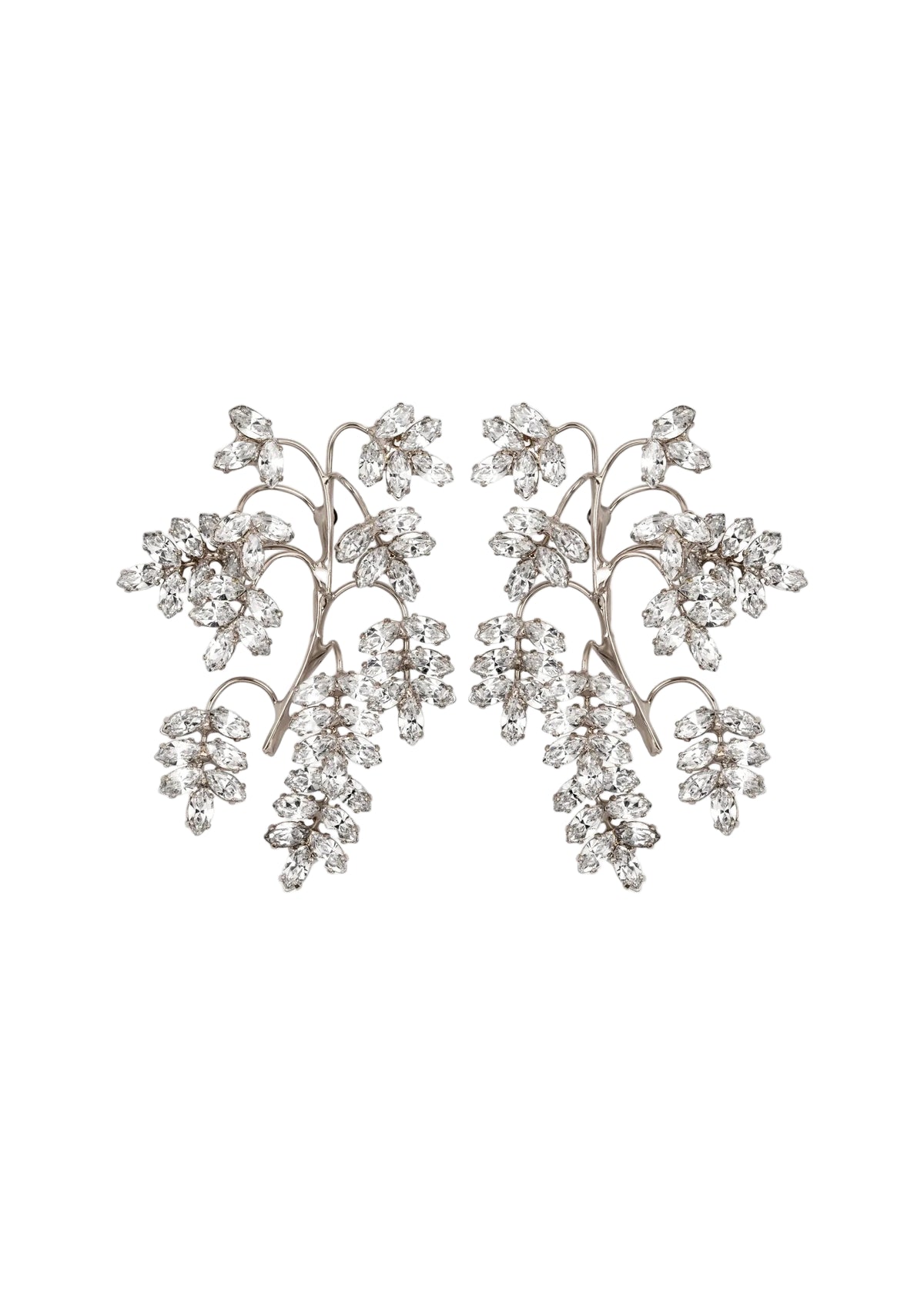 Front view of Raquel earrings in crystal showcasing sculptural vine design and clustered Austrian crystals