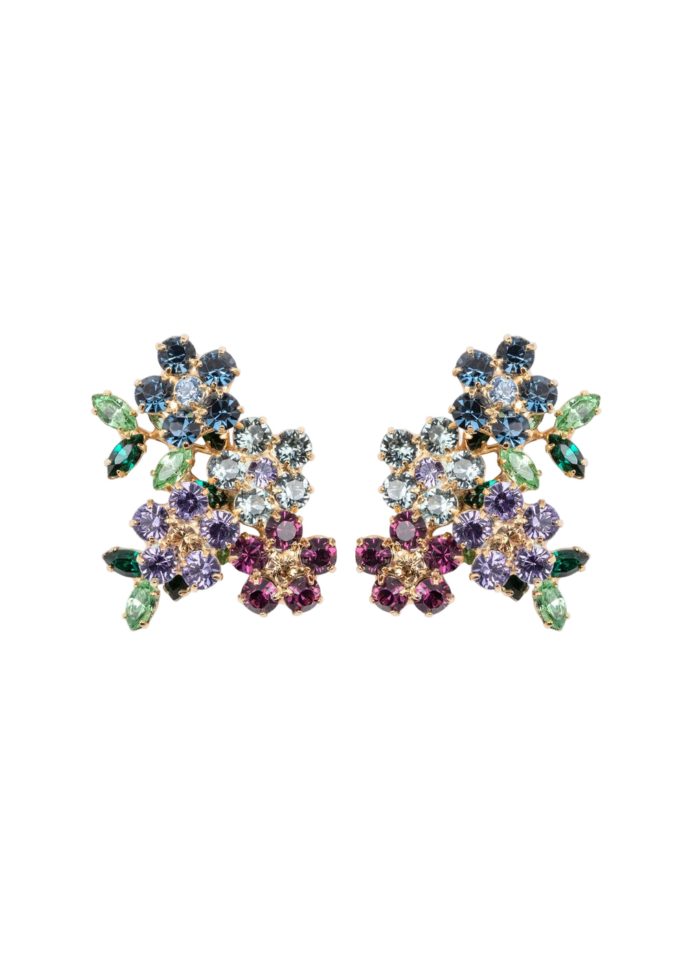 Front view of Isobel Earrings in Peacock showcasing hand-set Austrian crystals in a floral and leaf motif on a white background