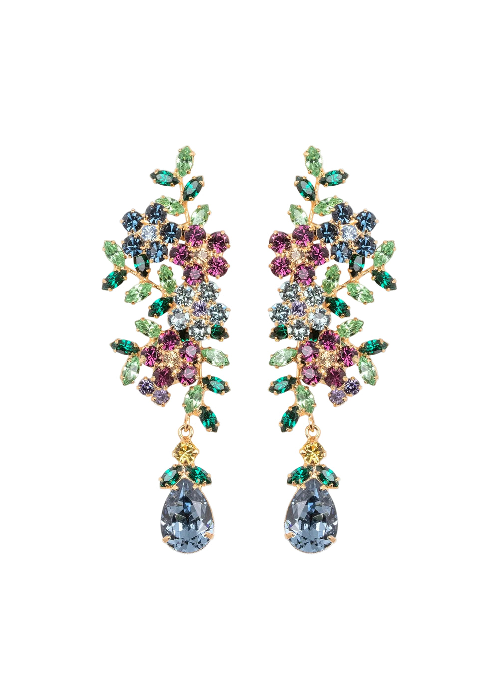 Front view of Yasmin Earrings in Peacock showcasing hand-assembled multicolored floral crystals and elongated drops on white background