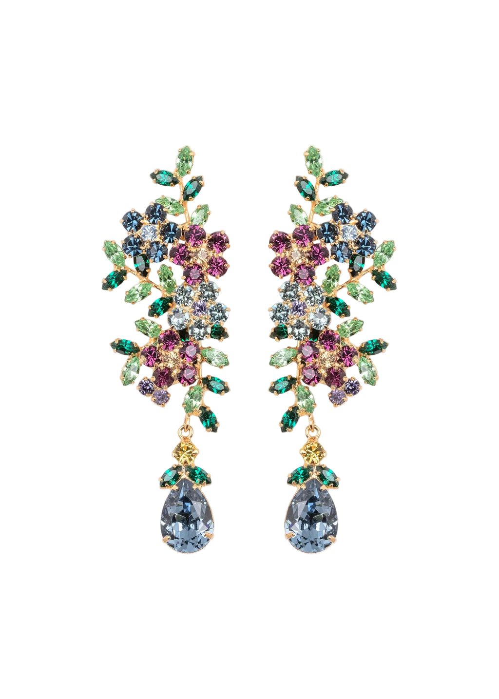 Front view of Yasmin Earrings in Peacock showcasing hand-assembled multicolored floral crystals and elongated drops on white background