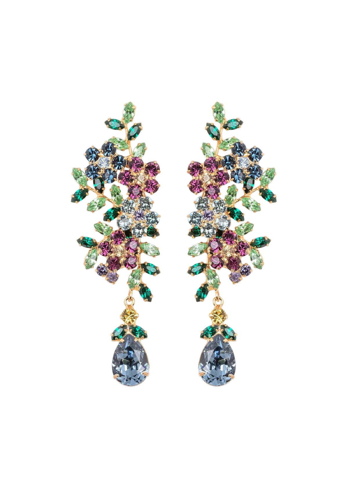 Front view of Yasmin Earrings in Peacock showcasing hand-assembled multicolored floral crystals and elongated drops on white background