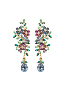 Front view of Yasmin Earrings in Peacock showcasing hand-assembled multicolored floral crystals and elongated drops on white background