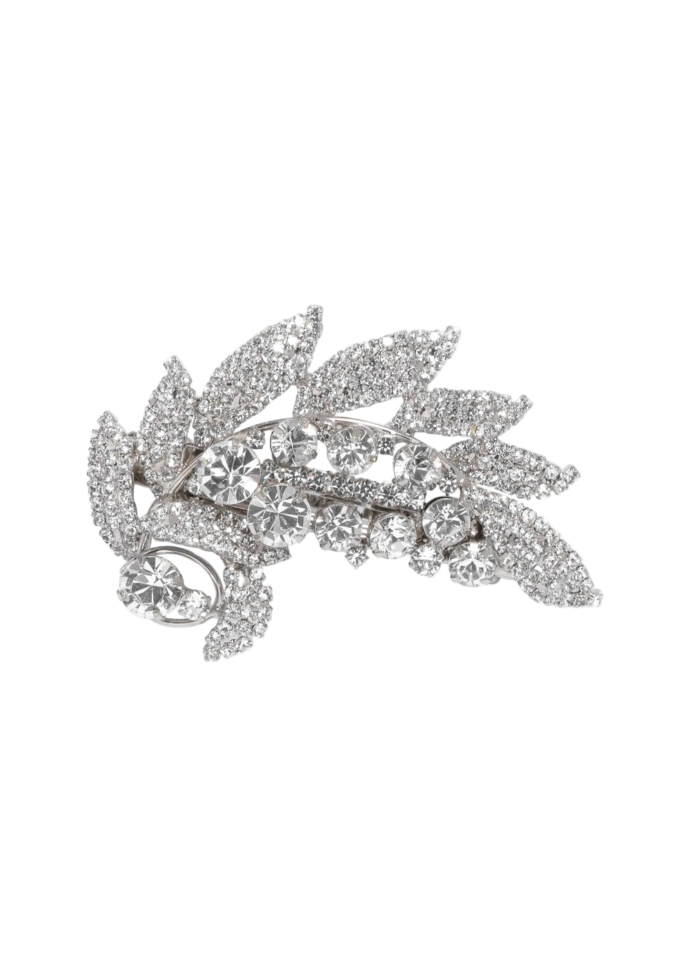 Front view of Elvie Brooch in Crystal showcasing hand-set crystals and leaf-inspired silhouette on a white background