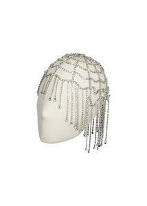 Side view of Christelle Headpiece in Crystal showcasing cascading crystal fringe and Juliet cap silhouette on a white mannequin head