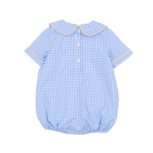 Henry Duvall Banks Bubble in classic blue Charles Street Check with King’s Way Khaki Corduroy trim, classic fall baby boy outfit with covered buttons and diaper snaps