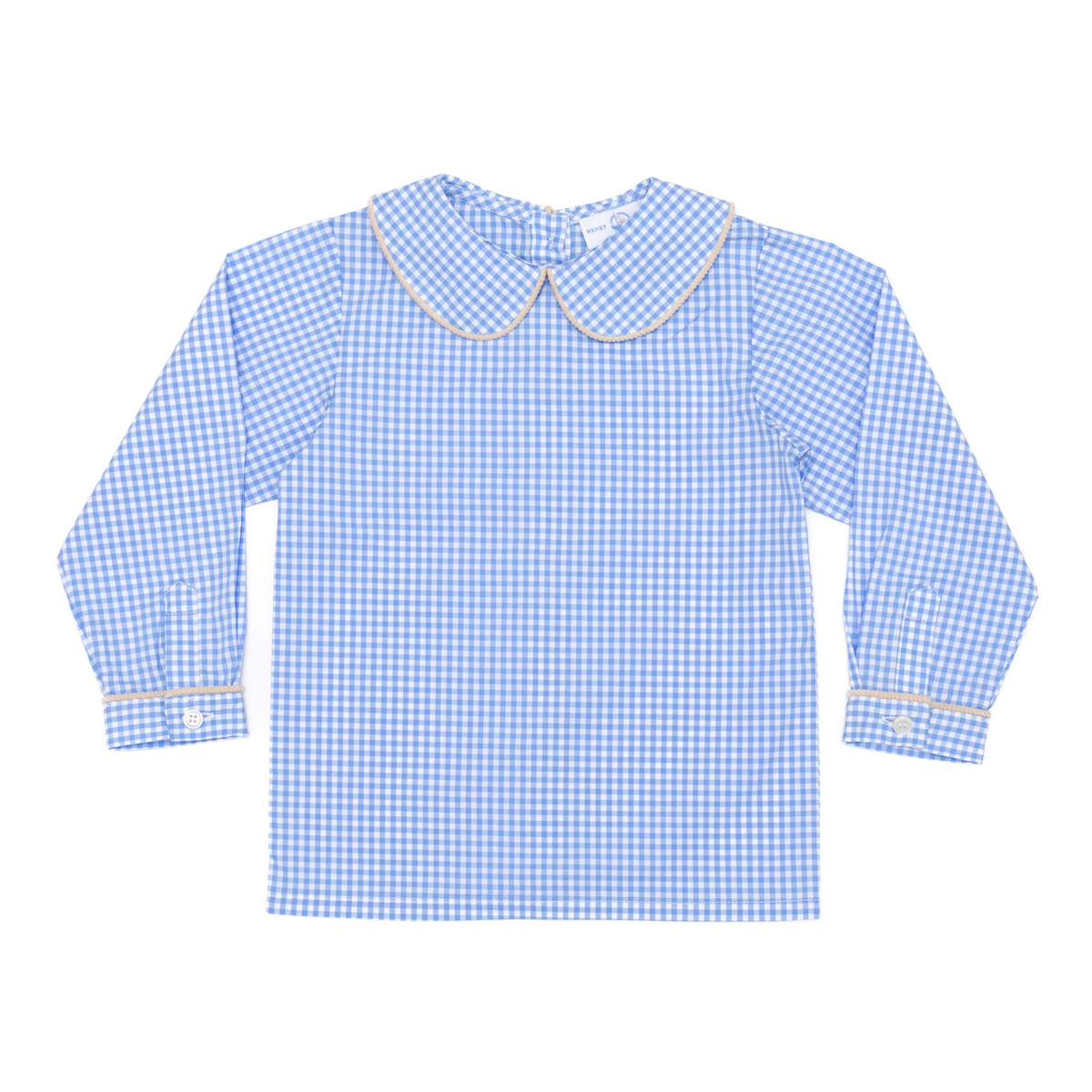 Flat-lay front of long-sleeve Henry Peter Pan shirt in Charles Street Check blue gingham with piped Peter Pan collar