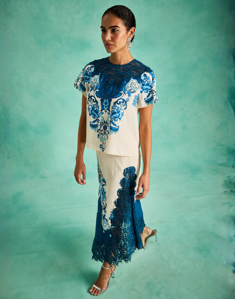 Gracie Lace Midi Skirt in Grotto Flourish